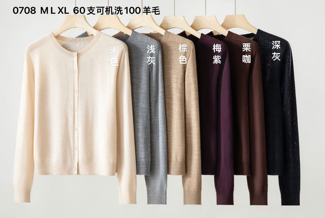 0708 18针60支可机洗岛精圆领开衫精纺羊毛衫_嘉兴越己服饰