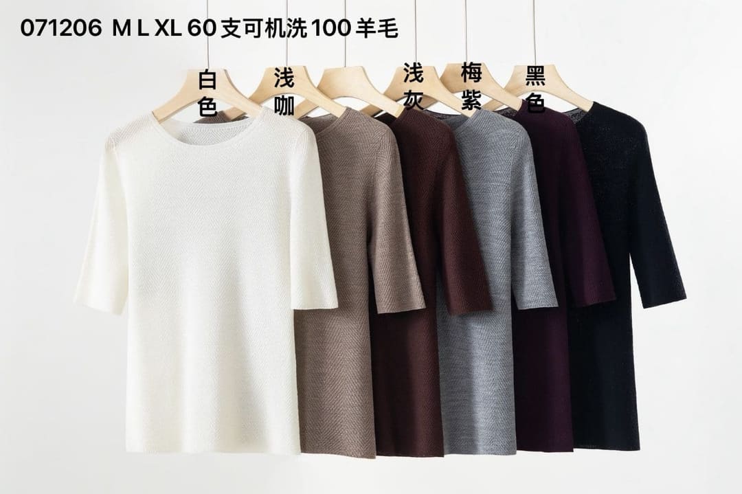 071206 60支18针岛精鱼骨纹圆领半袖羊毛衫_嘉兴越己服饰