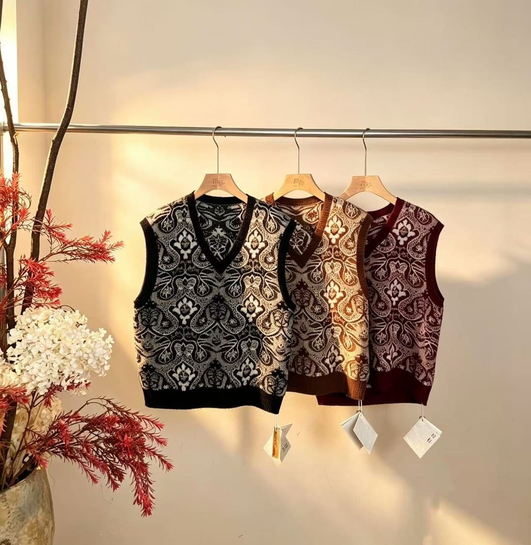 YG-6068 复古腰果花提花 V 领针织马甲
