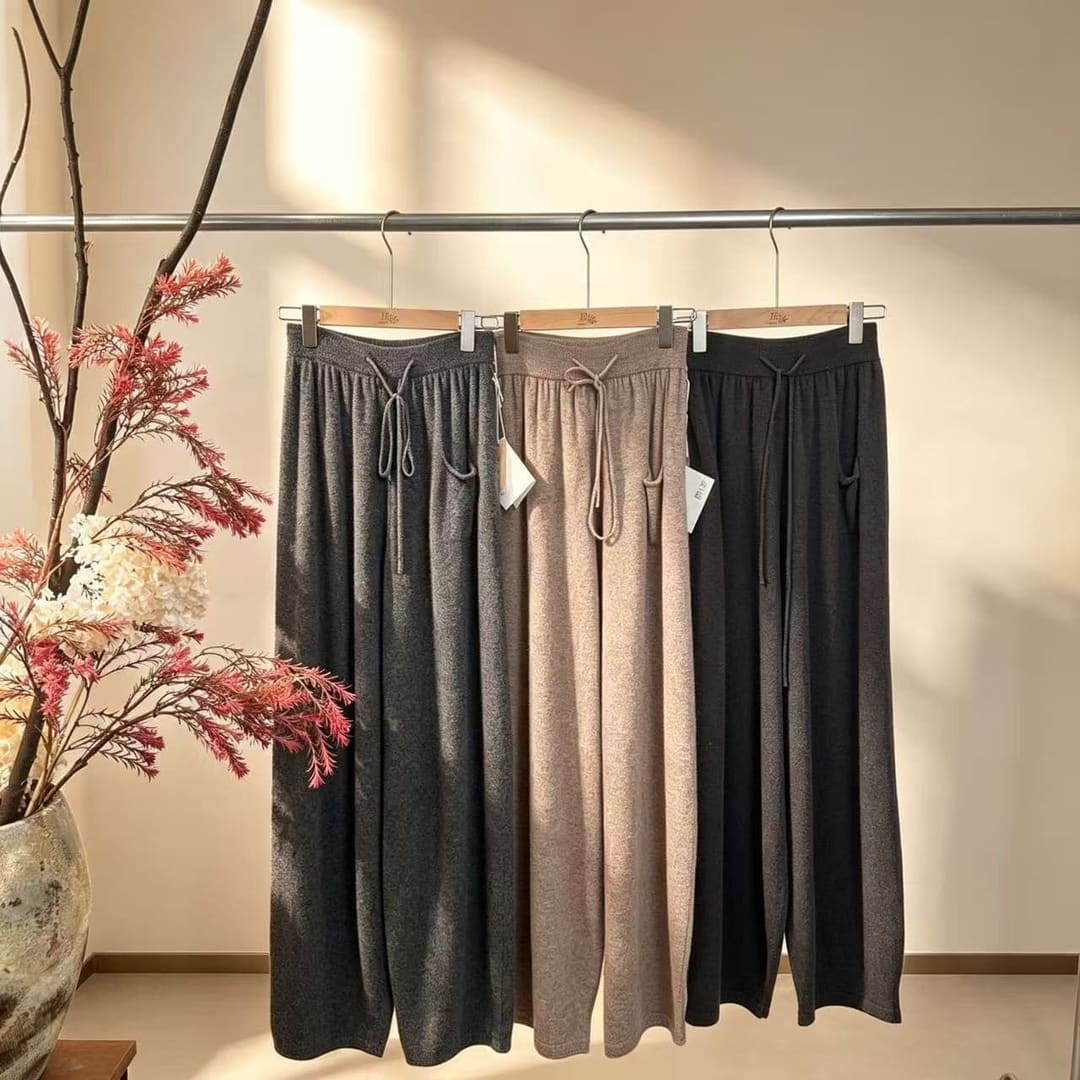 YG-6078 抽绳高腰针织阔腿长裤